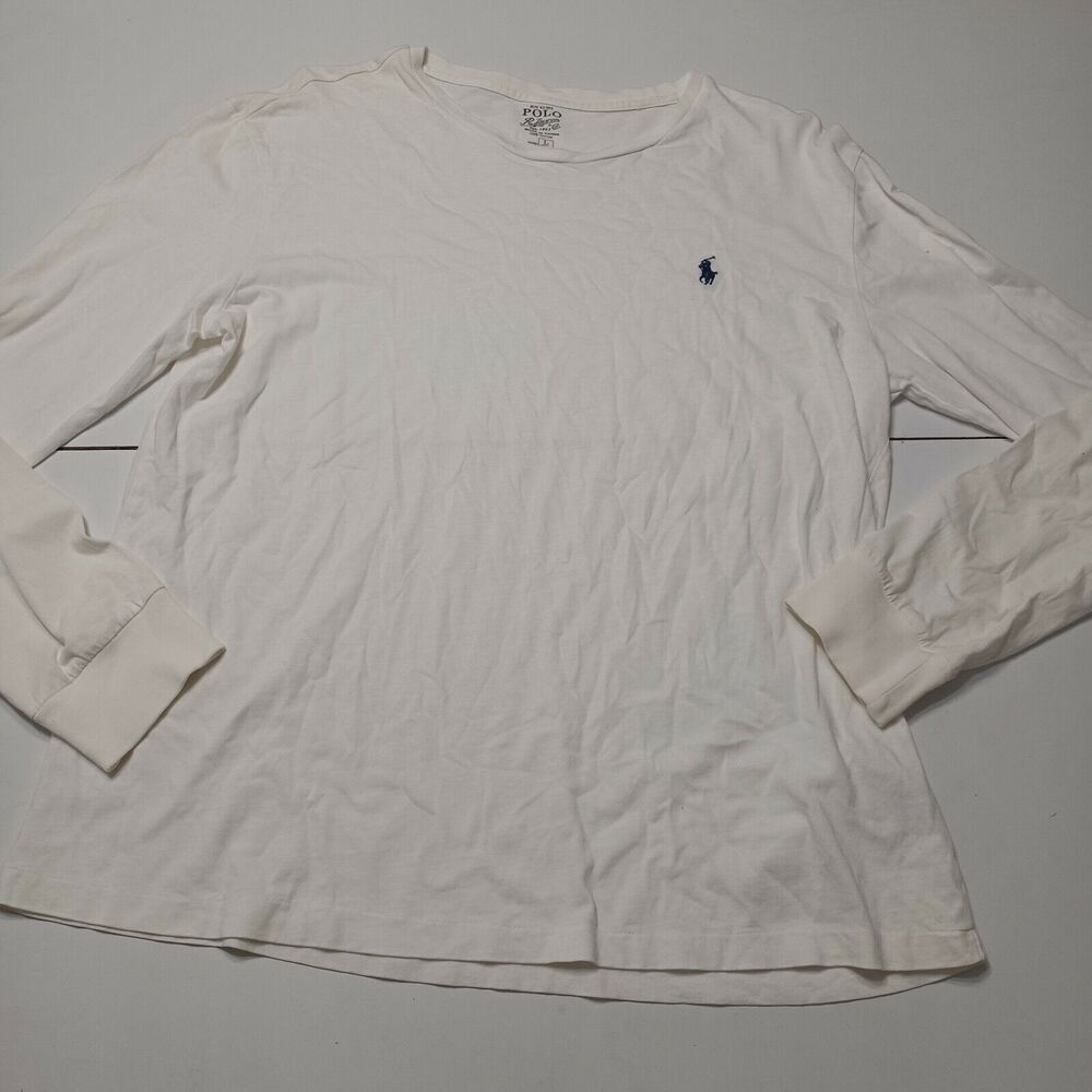 PRL Mens‎ Large Polo Shirt White Blue Embroidered Logo Long Sleeve 100% Cotton